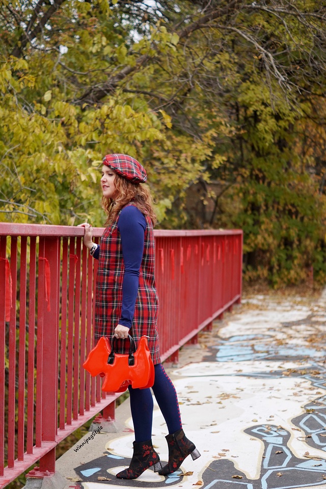 Winnipeg Style Fashion stylist, Canadian style blogger, April Cornell winter red plaid shift jumper dress, April Cornell wool red plaid beret hat, Tabbisocks Narasocks over the knee blue red heart back seam socks, Amliya red scottie dog bag, Topshop embroidered blue red floral ankle boots